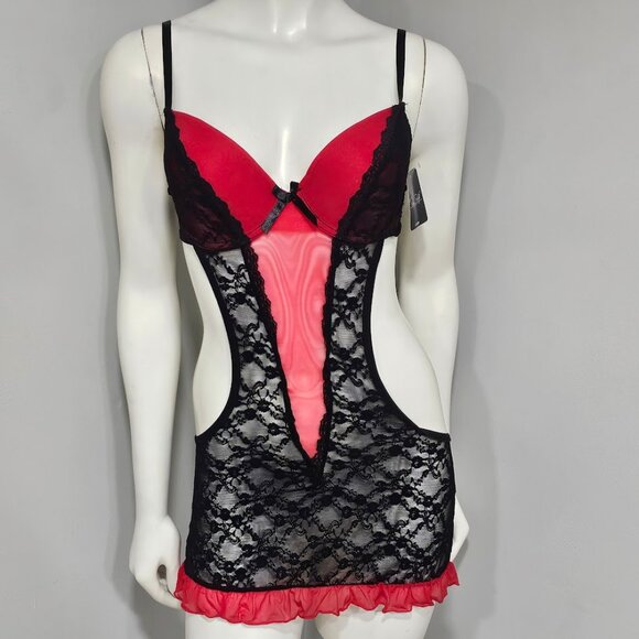 Rene Rofe French Maid Apron Lingerie Black and Red - Picture 1 of 6